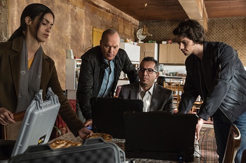 (Left to right) Shiva Negar, Michael Keaton, Neg Adamson and Dylan O'Brien in AMERICAN ASSASSIN to be released by CBS Films and Lionsgate.