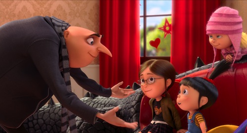 Gru (STEVE CARELL) has a big talk with Margo (MIRANDA COSGROVE), Agnes (ELSIE FISHER) and Edith (DANA GAIER) in Despicable Me 2, summer 2013's much-anticipated follow-up to Universal Pictures and Illumination Entertainment's blockbuster comedy adventure Despicable Me. Photo Credit: Universal Pictures and Illumination Entertainment. Copyright: 2013 Universal Studios. ALL RIGHTS RESERVED.