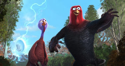 Reggie voiced by Owen Wilson and Jake voiced by Woody Harrelson in Free Birds. 2013 Relativity Media.