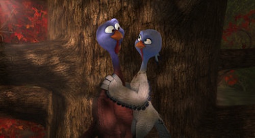 Reggie voiced by Owen Wilson and Jenny voiced by Amy Poehler in Free Birds. 2013 Relativity Media.
