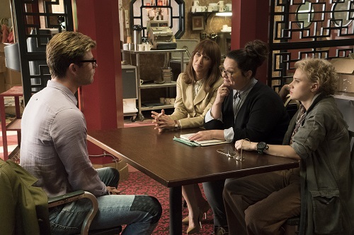 Erin (Kristen Wiig), Abby (Melissa McCarthy) and Holtzmann (Kate McKinnon) interview Kevin (Chris Hemsworth) for the receptionist job in Columbia Pictures' GHOSTBUSTERS.