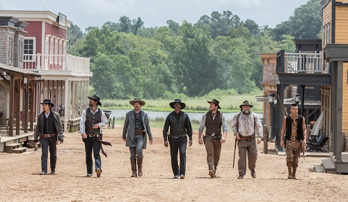 (l to r) Byung-hun Lee, Manuel Garcia-Rulfo, Ethan Hawke, Denzel Washington, Chris Pratt, Vincent D'Onofrio and Martin Sensmeier in Metro-Goldwyn-Mayer Pictures and Columbia Pictures' THE MAGNIFICENT SEVEN. Photo courtesy Sony Pictures Entertainment INC., All Rights Reserved.