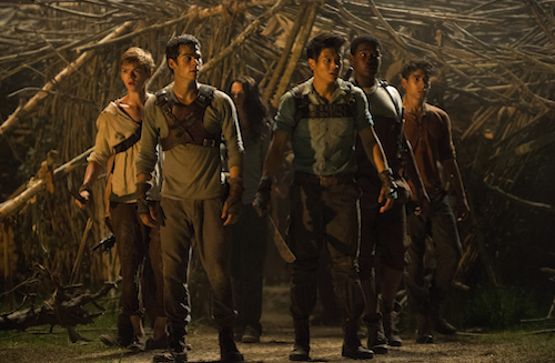 THE MAZE RUNNER (From left) Newt (Thomas Brodie-Sangster), Thomas (Dylan O'Brien), Teresa (Kaya Scoderlario), Minho (Ki Hong Lee), Frypan (Dexter Darden), and Winston (Alex Flores) react to a shocking development in the Glade. Photo Credit: Ben Rothstein TM and Â© 2014 Twentieth Century Fox Film Corporation. All Rights Reserved. Not for sale or duplication.