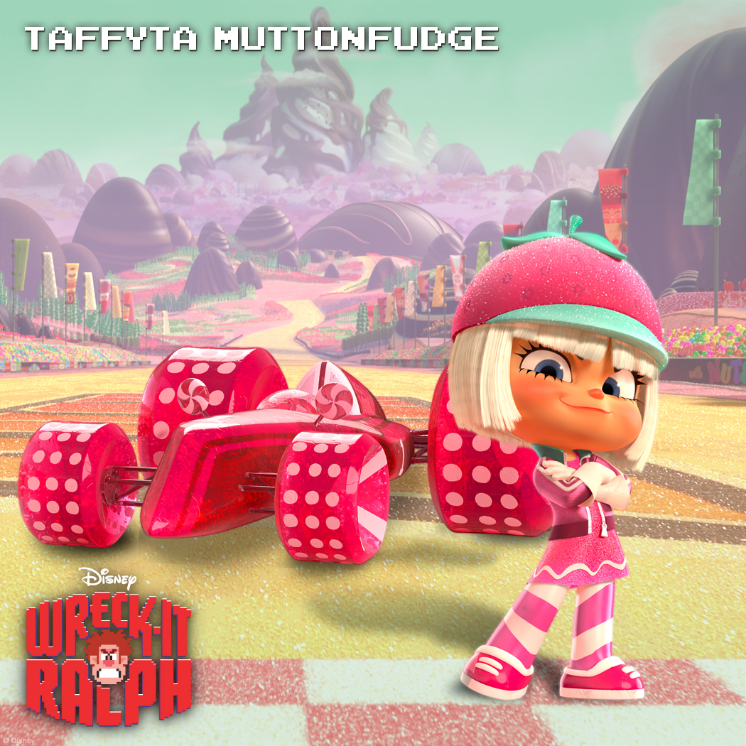Taffyta Muttonfudge: Serious Competition The lollipop-lickin' Taffyta Muttonfudge is a top-notch racer in the game Sugar Rush. She is a fierce competitor who keeps her eyes on the prize and isn't afraid to derail anyone who gets in her way. Though King Candy is Sugar Rush’s reigning racing champion, Taffyta always manages to give him a run for his money with her wicked driving skills.