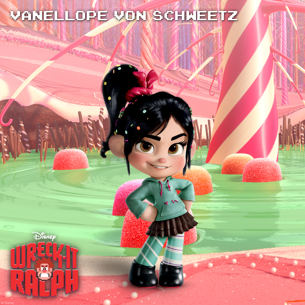 Vanellope von Schweetz: Hard Candy Known as “The Glitch,” Vanellope is a pixelating programming mistake in the candy-coated cart-racing game Sugar Rush. With a racer’s spirit embedded in her coding, Vanellope is determined to earn her place in the starting lineup amongst the other racers. Only problem: the other racers don’t want her or her glitching in the game.  Years of rejection have left Vanellope with a wicked sense of humor and a razor-sharp tongue. However, somewhere beneath that hard shell is a sweet center just waiting to be revealed.