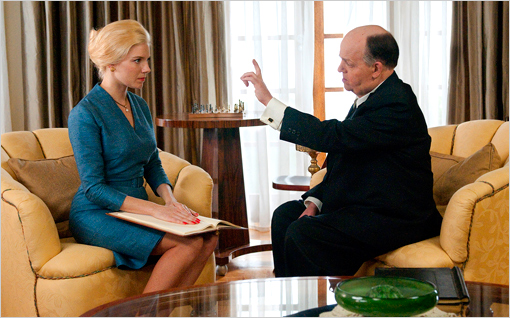 Toby Jones as Alfred Hitchcock and Sienna Miller as Tippi Hedren in HBO's The Girl