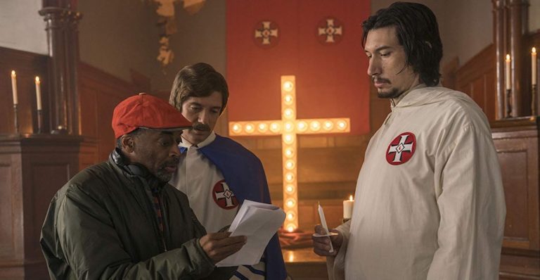 Spike Lee, Topher Grace, and Adam Driver in BlacKkKlansman (2018). Copyright Focus Features.