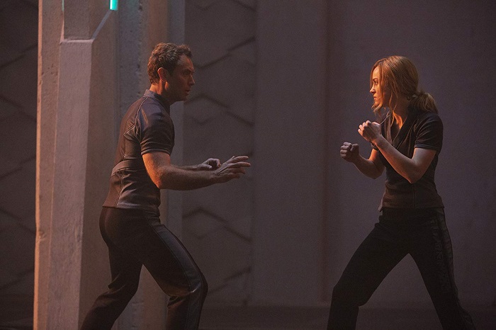 Jude Law and Brie Larson in Captain Marvel, image courtesy Marvel Studios/Walt Disney Pictures.