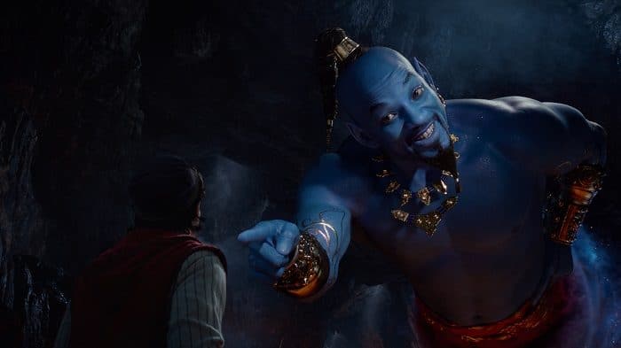 Aladdin (Mena Massoud) meets the larger-than-life blue Genie (Will Smith) in Disney’s live-action adaptation ALADDIN, directed by Guy Ritchie